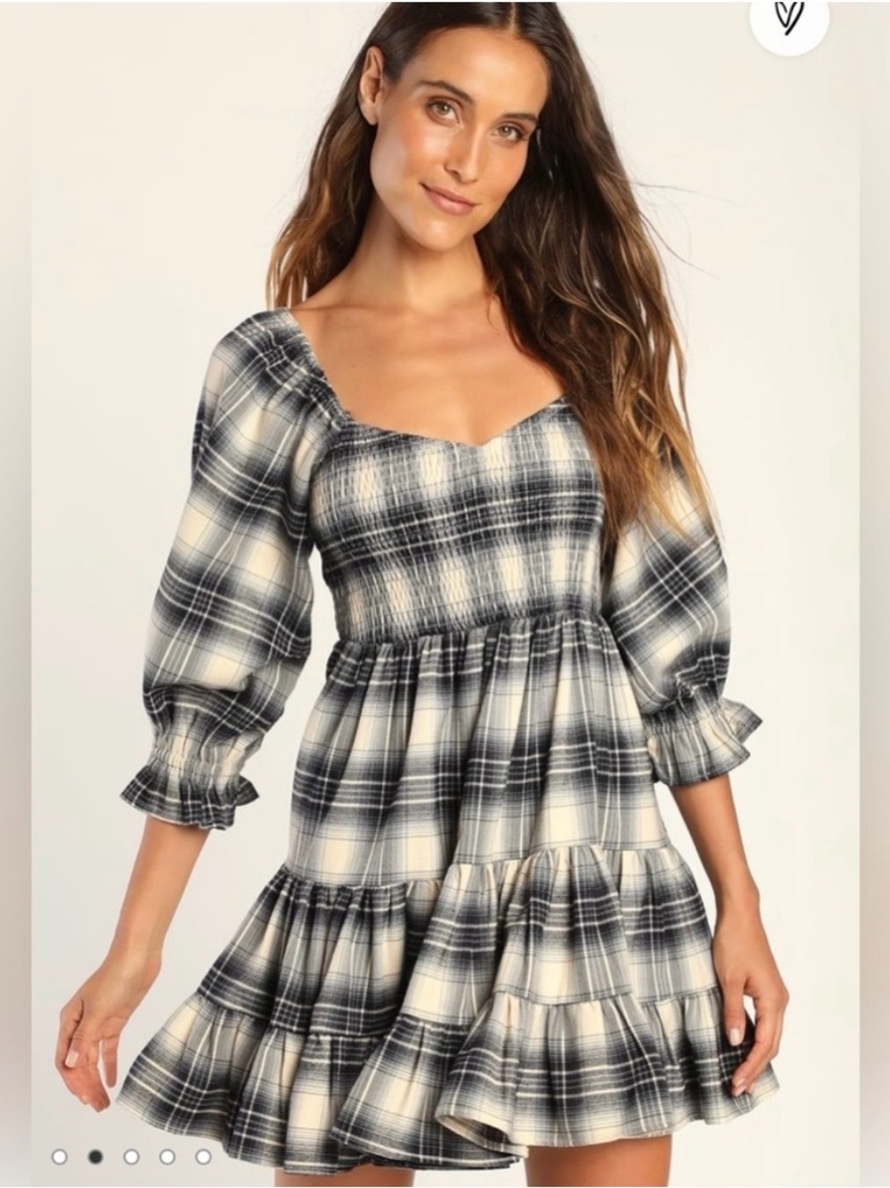 Lulu's Navy and Cream Plaid Smocked Mini Dress